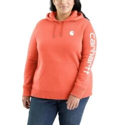 'Carhartt' Women's Clarksburg Logo Sleeve Graphic Hoodie - Electric Coral -Outfit Shop 102791 Q48 WS23P b 1024x1024@2x