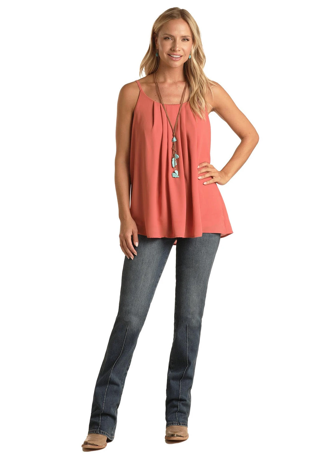 'Rock & Roll' Women's Pleated Cami - Coral 3 'Rock & Roll' Women's Pleated Cami - Coral